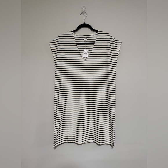 J. Crew Navy Linen Stripe V-Neck Dress Size Small Preppy Coastal Neutral NEW - Picture 1 of 8